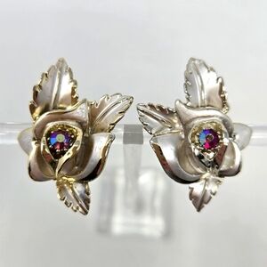 VINTAGE FLORENZA SILVER AB RED CRYSYAL FLOWER EARRINGS CLIP ON FASHION JEWELRY